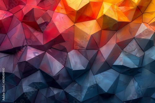 A striking abstract of a crystal-like structure in shades of red, orange, and blue with impressive detail and depth