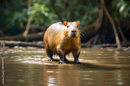 A curious capybara wading through the murky waters of the Amazon river, its large webbed feet propelling it forward as it searches for food.
