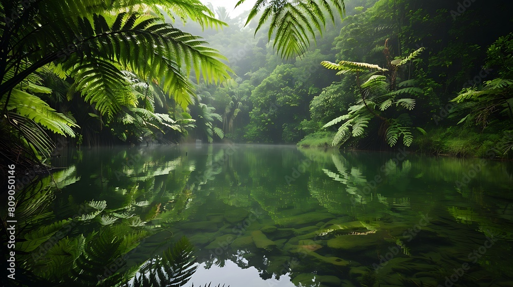 Explore the unspoiled beauty of a secluded lake cradled within the verdant embrace of an ancient jungle, its tranquil waters a haven for weary souls seeking refuge from the chaos of the world. .