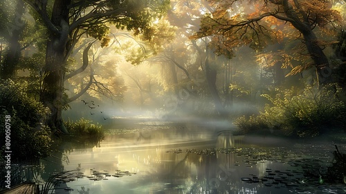 Hidden deep within a mist-shrouded forest  a tranquil pond lies nestled among ancient trees. The air is alive with the symphony of birdsong and rustling leaves  
