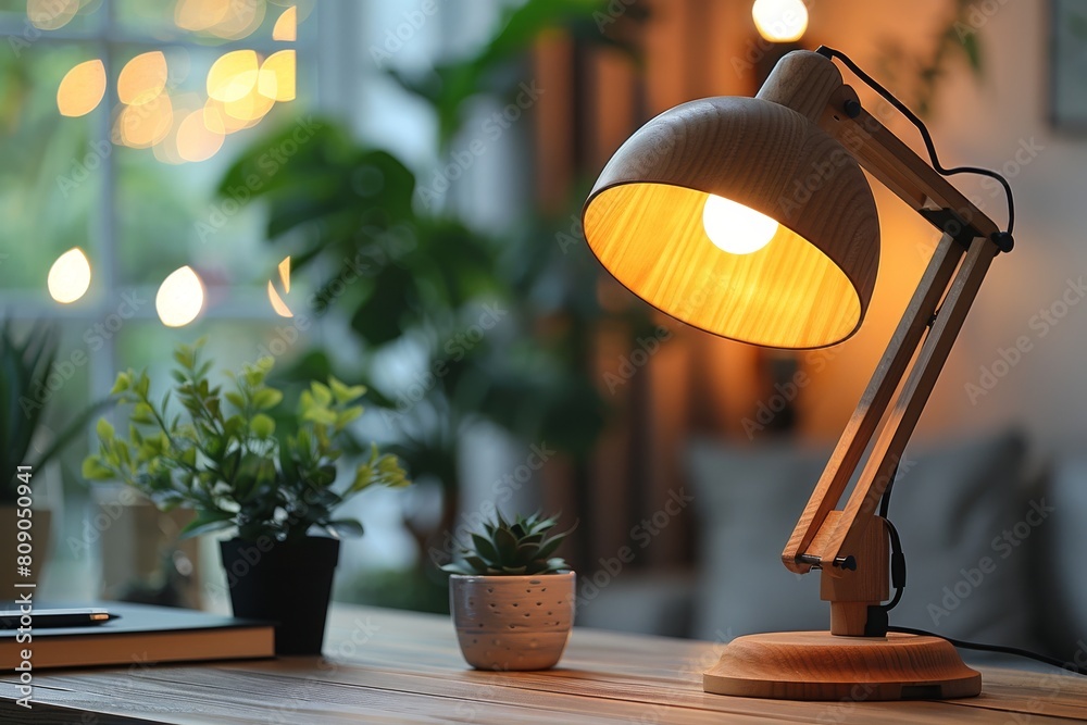 A stylish wooden adjustable lamp casts a warm glow on a desk, surrounded by green houseplants, enhancing the cozy atmosphere A stylish wooden adjustable lamp casts a warm glow on a desk, surrounded by green houseplants, enhancing the cozy atmosphere
