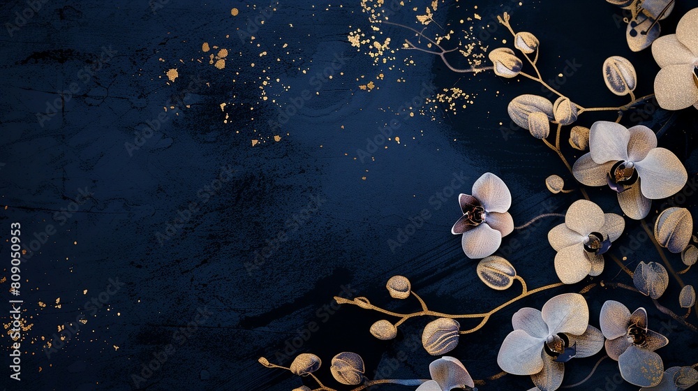 Elegant Orchids on Dark Blue Background with Golden Accents
Elegant Orchids on Dark Blue Background with Golden Accents