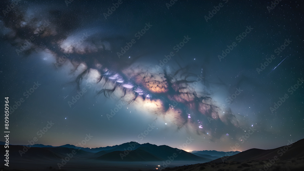 Milky Way or Abstract lights streak through a dark cloudscape, contrasting with a blue sky and wispy clouds Milky Way or Abstract lights streak through a dark cloudscape, contrasting with a blue sky and wispy clouds