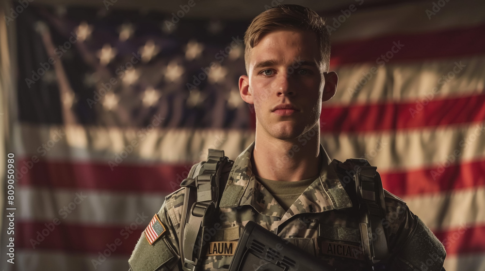 Military man  with american flag on bacground and enjoying amazing summer nature view on sunny day on July 4th,generative Ai