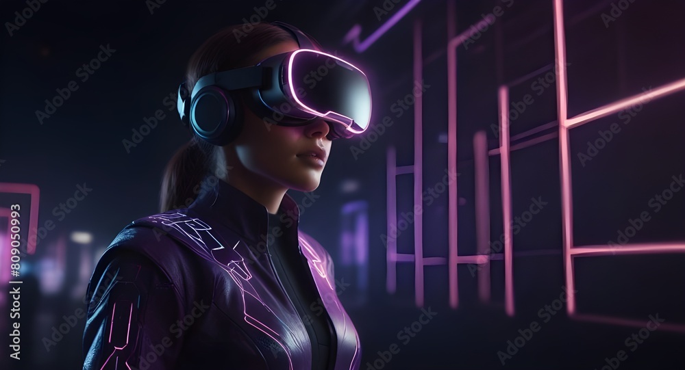 Woman in futuristic costume. Female in modern VR glasses interacting with network while having virtual reality experience. Augmented reality game, future technology, AI concept. VR. Neon purple light Woman in futuristic costume. Female in modern VR glasses interacting with network while having virtual reality experience. Augmented reality game, future technology, AI concept. VR. Neon purple light
