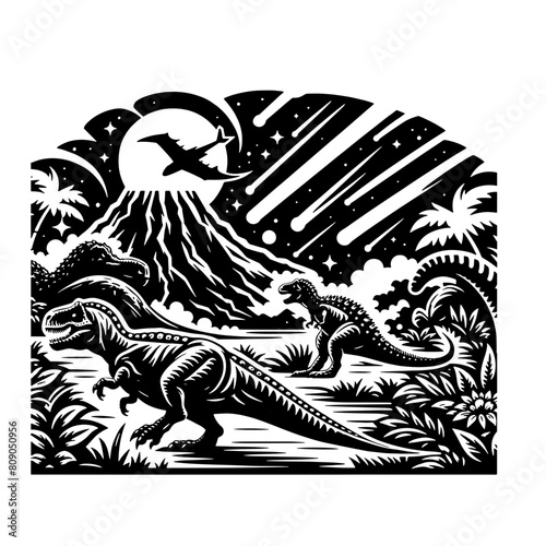 Cartoon Black and White Isolated Illustration Vector Of A Dinosaur Filled Landscape with Volcano