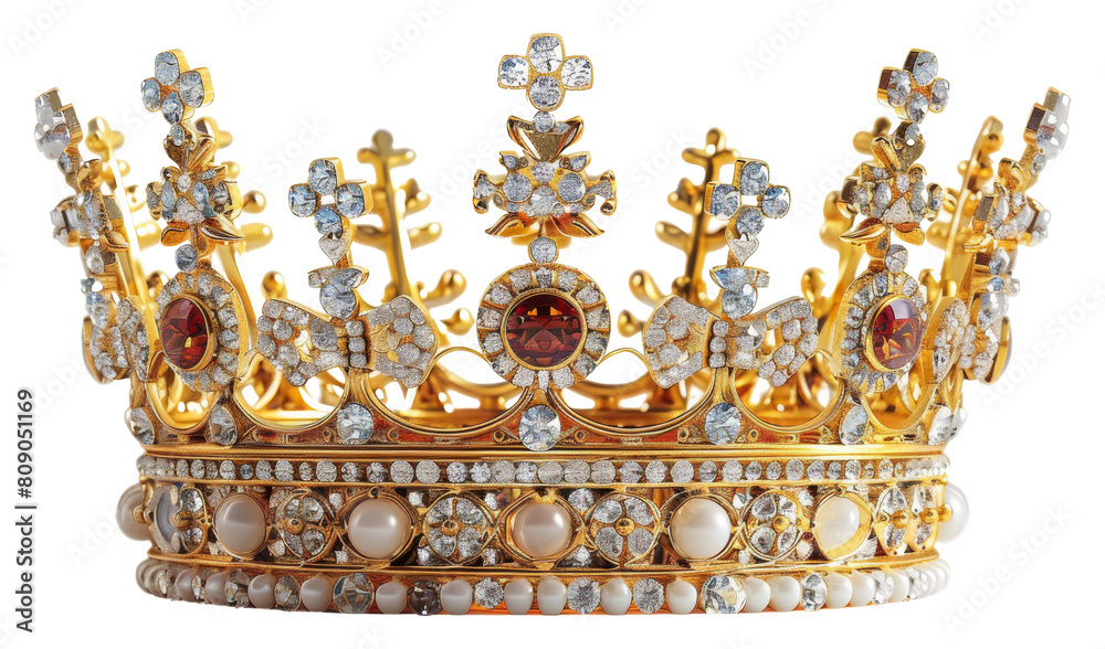 Luxurious ornate golden crown with gems and pearls isolated on transparent background png Luxurious ornate golden crown with gems and pearls isolated on transparent background png