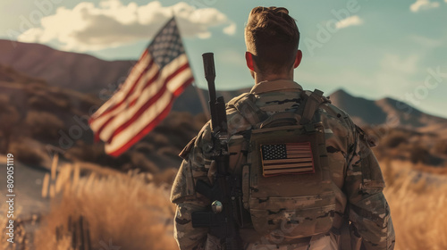 Military man with american flag on bacground and enjoying amazing summer nature view on sunny day on July 4th,generative Ai