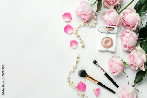 Elegant arrangement of pink roses and cosmetics on a pristine white background