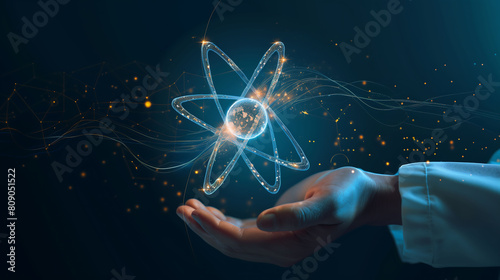 Innovative Research: Scientist's Hands and Atom Hologram