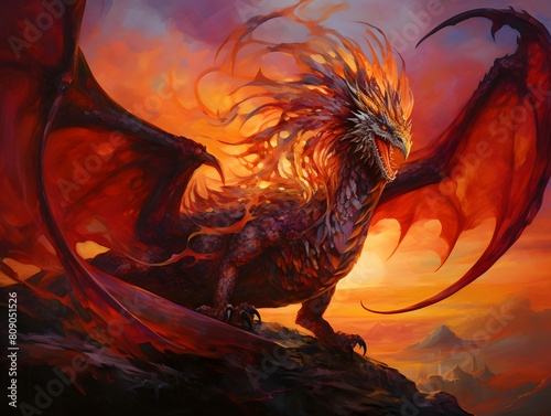 Dragon flying in the sunset sky - 3d render. Fantasy illustration