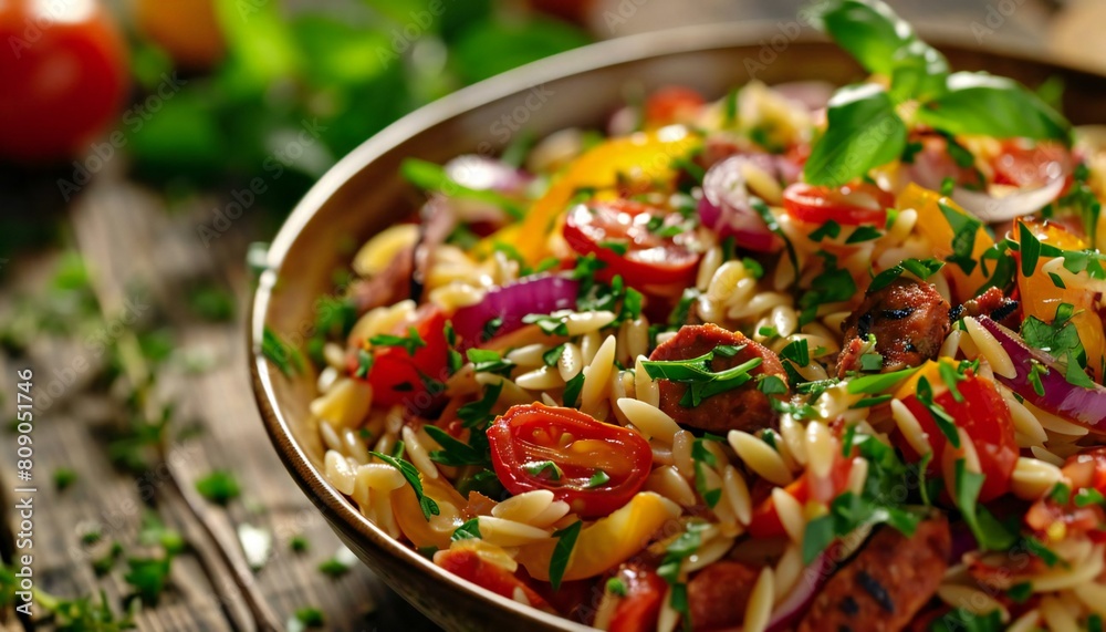 Orzo Salad with Roasted Peppers and Chorizo features red peppers, red onions, and tomatoes Orzo Salad with Roasted Peppers and Chorizo features red peppers, red onions, and tomatoes