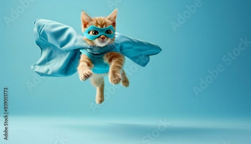 Adorable orange tabby cat in a blue mask and cape, soaring and jumping on a blue background © Олександр Малаков