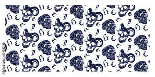 Hand drawn pattern with skulls and letters. Gothic atmosphere of maniacs, murders, gloominess, death. Background pattern by hand.