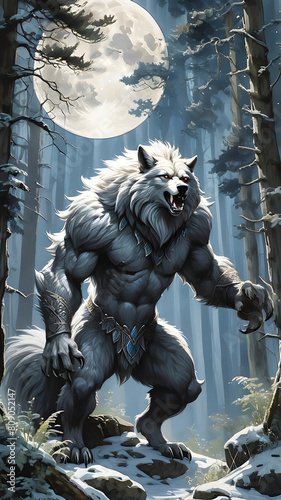 The white wolf was in the deep forest amidst the full moon. © pla2u