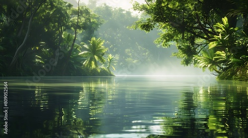 Journey into the heart of a pristine jungle wilderness, where a tranquil lake awaits, its glassy surface reflecting the verdant canopy overhead. Lose yourself in the symphony of nature's whispers, 