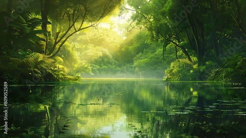 Journey into the heart of a pristine jungle wilderness, where a tranquil lake awaits, its glassy surface reflecting the verdant canopy overhead. Lose yourself in the symphony of nature's whispers, © Muhammad