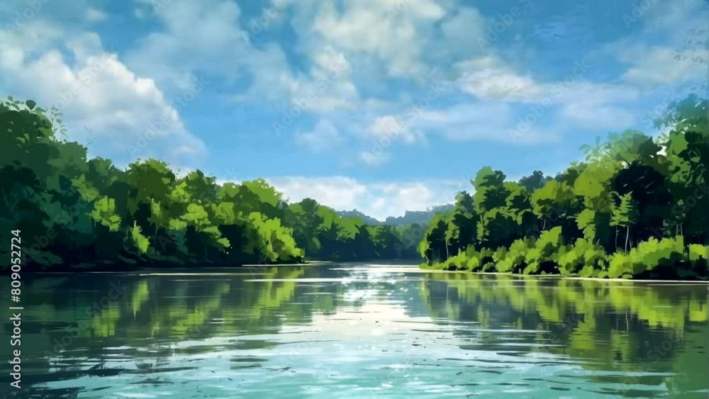 landscape with mountains, forest and river in front. beautiful view. watercolor illustration