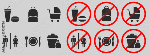 Food court sign boards on vector transparent background bags allowed or prohibited eating on site children on laps baby stroller backpacks snacks bathroom men's toilet women's trash can and recycling