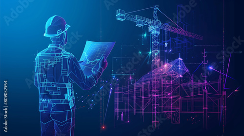 Crane Constructing House: Abstract Polygonal Wireframe