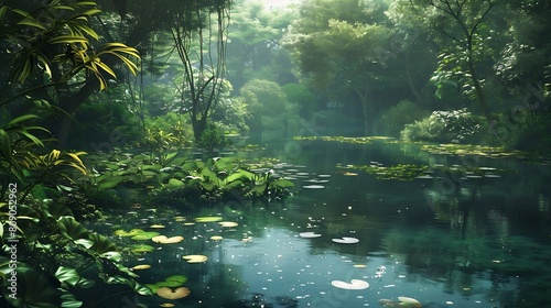 Lose yourself in the mesmerizing beauty of a secluded lake cradled within the verdant embrace of an ancient jungle  its tranquil waters a sanctuary for weary travelers in search of solace. 