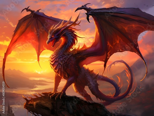 3D rendering of a fantasy dragon with a beautiful sunset in the background
