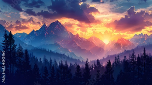 A beautiful mountain range with a bright orange sun in the sky