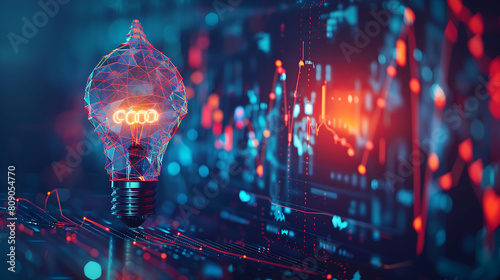 Vector Illustration: 3D Low Poly Stock Market Candlestick in Digital Light Bulb