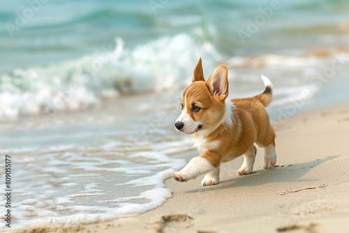 Cute corgi puppy playing on a beach sand.