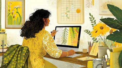 Joyful female at work, surrounded by graphic design tools and materials photo