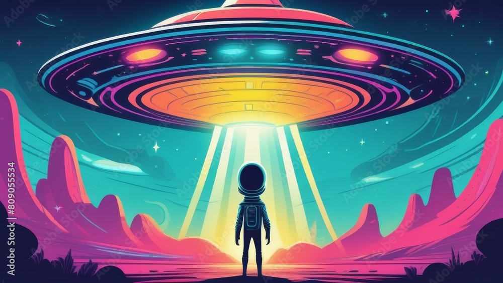 Obraz premium The silhouette of an astronaut stands in the beam of a huge flying saucer, a bright cartoon illustration