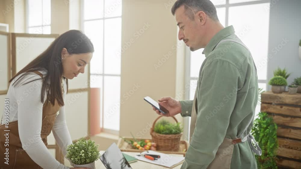 A woman and man working together in a plant-filled indoor flower shop, using a smartphone and laptop. A woman and man working together in a plant-filled indoor flower shop, using a smartphone and laptop.