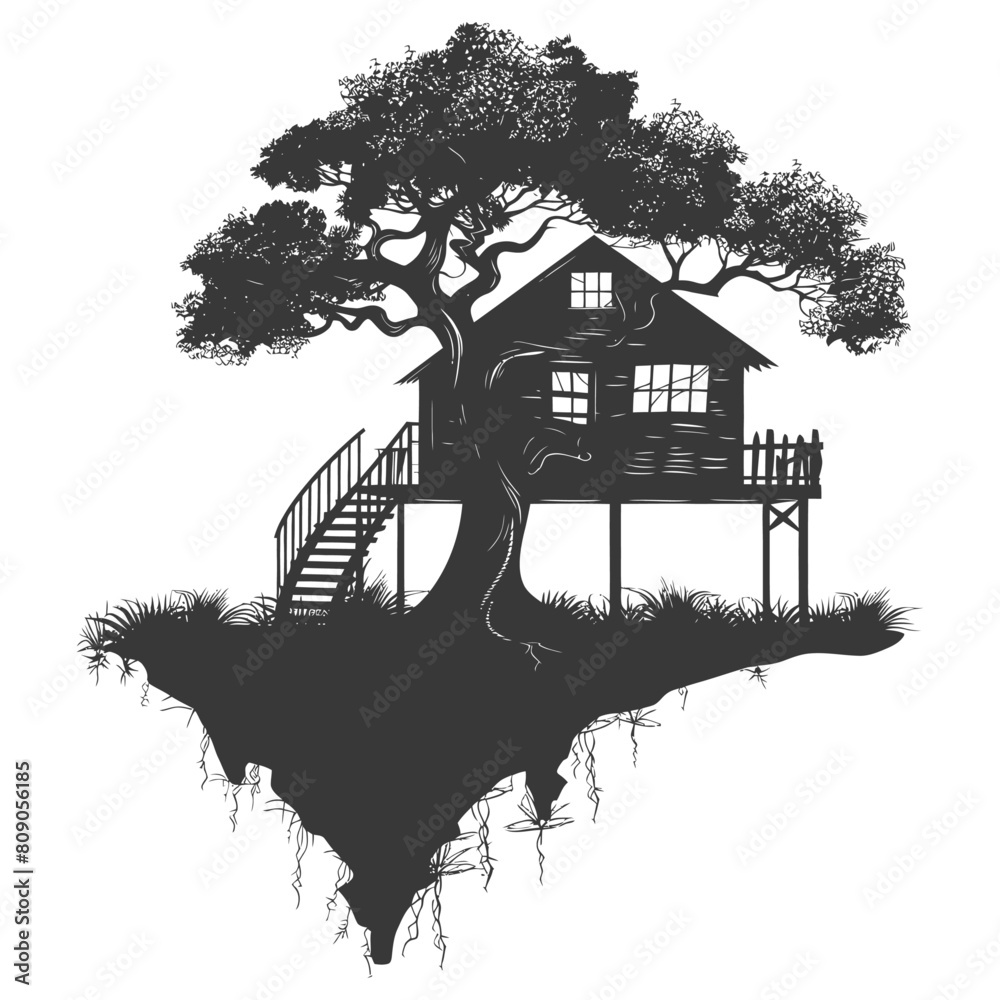 Fototapeta premium Silhouette Tree house black color only
