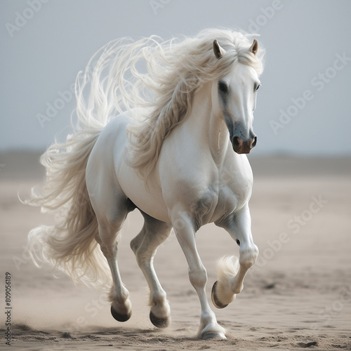 A white horse with a long flowing mane and tail is galloping across the desert.