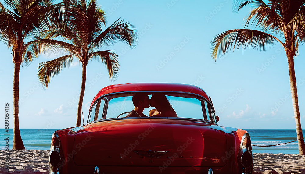 Kissing couple in Classic red car parked by the shore, evoking nostalgia and summer vibes with its vintage charm against a backdrop of palm trees and ocean waves. Traveling and retro dating convept.