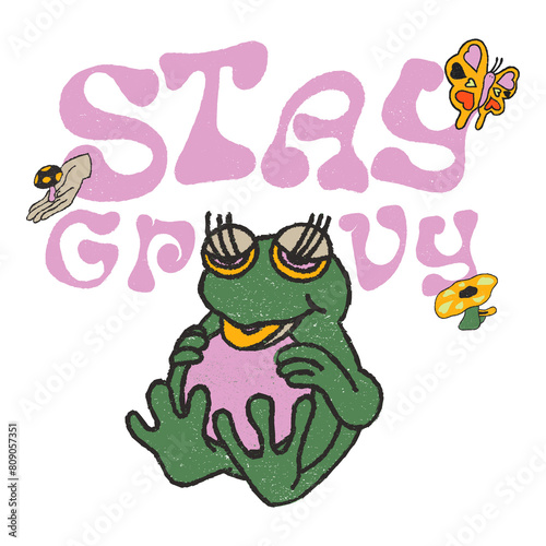 Funny Frog Minimal Graphic T-shirt Design (Print On Demand) with Text "Stay Groovy". 