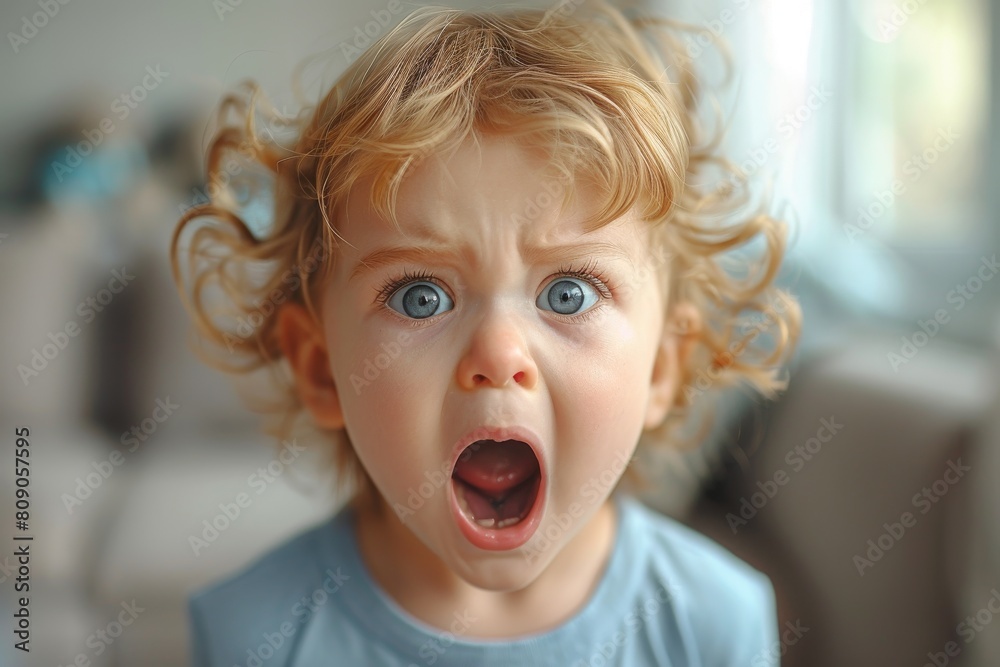 A toddler's appalled reaction is captured in vivid detail, with his wide blue eyes and an open mouth conveying shock