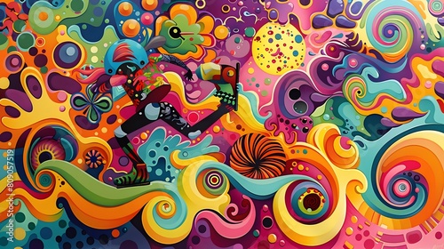 A colorful painting of a man running with a skateboard. The painting is full of bright colors and swirls, giving it a lively and energetic feel. The man is wearing a colorful outfit photo