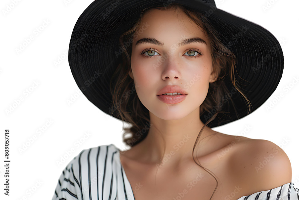 Portrait of beautiful woman model wearing black round summer hat on isolated transparent background Portrait of beautiful woman model wearing black round summer hat on isolated transparent background