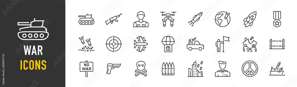 War web icons in line style. Army, battle, conflict, military, missile, refugees, bomb, tank, collection. Vector illustration.