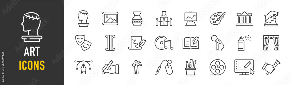 Art web icons in line style. Creative, museums, architecture, artist, sculpture, statue, image, music, collection. Vector illustration.