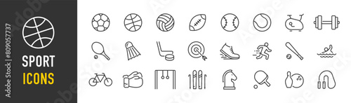 Sport web icons in line style. Football, golf, gym, basketball, volleyball, bowling, chess, skiing, boxing, tennis, collection. Vector illustration.