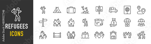 Refugee web icons in line style. War, conflict, passport, crisis, immigration, migrant, help, collection. Vector illustration.
