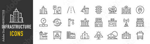 Infrastructure web icons in line style. Transport, road, mall, airport, police, school, park, water, collection. Vector illustration.