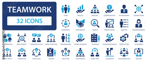 Teamwork icons collection. Teamwork and team management set. Human resources, meeting, partnership, business teamwork, meeting. Simple flat vector icon.