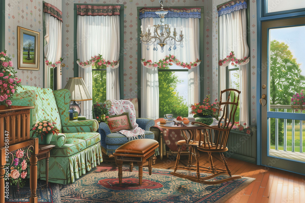 painting of a living room with a view of a garden