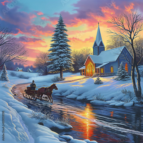 painting of a horse drawn carriage in front of a church in the snow photo