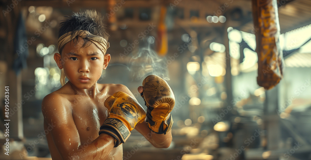 Little Thai Sweaty Warrior: Gloves, Intense Gaze. A young boxer's determination shines as he faces the camera from the ring, sweat glistening on his gloves. Active sporty kids hard work concept. Little Thai Sweaty Warrior: Gloves, Intense Gaze. A young boxer's determination shines as he faces the camera from the ring, sweat glistening on his gloves. Active sporty kids hard work concept.