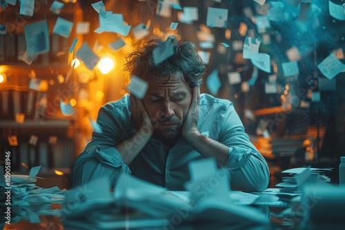 Image captures a man displaying fatigue with head in hands at a desk covered in papers