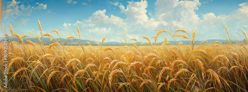painting of a field of wheat with a blue sky and clouds